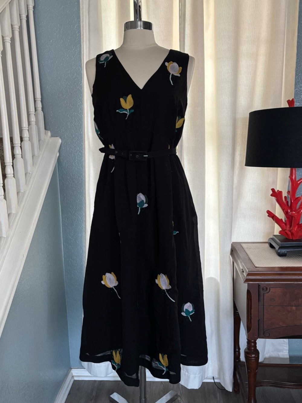 A Pea in the Pod Black Maternity Dress with Yellow & Teal Tulips Embroidery
